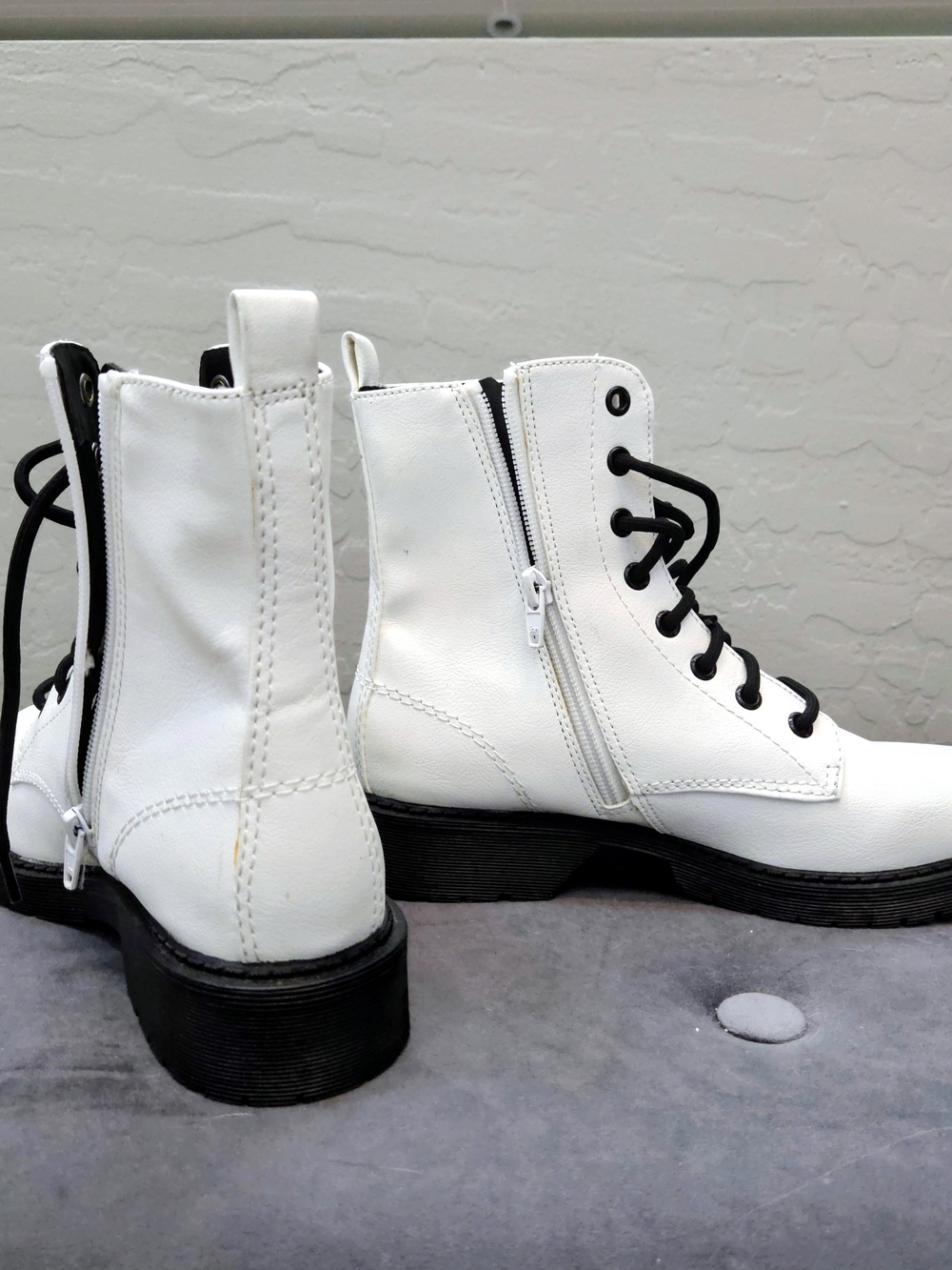 White Lace-Up Side-Zip Combat Boots for Women